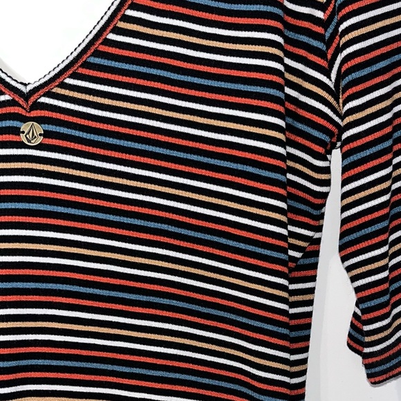VOLCOM Strype Hype Bodysuit woman's size medium multi color striped deep v neck - Picture 13 of 14